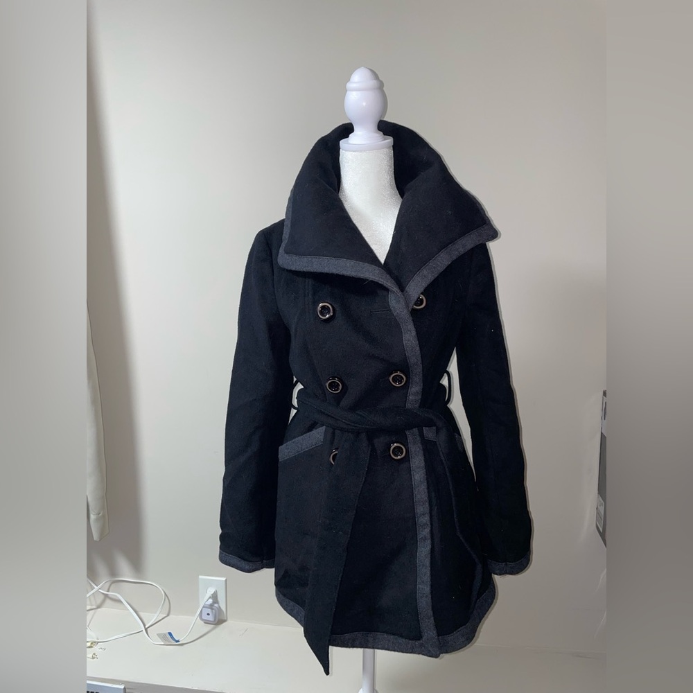 Kenneth Cole New York Black Pea Coat with Gray Trim